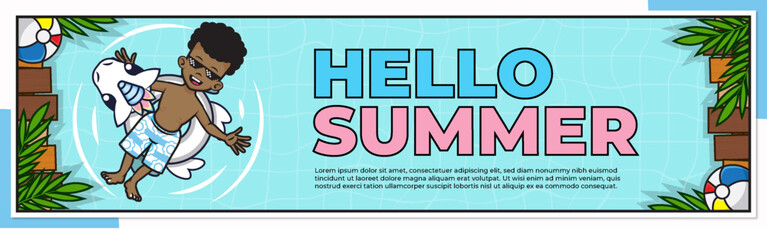 Fototapeta premium Banner of hello summer with a boy are relaxing and floating on floats vector illustration