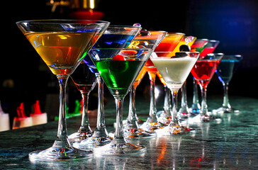 Multicolored Martini cocktails