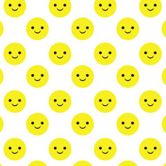 Cute happy emoji faces seamless pattern. Yellow round happy faces repeat on white background.