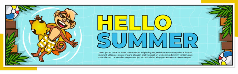 Obraz premium Banner of hello summer with monkeys are relaxing and floating on floats vector illustration