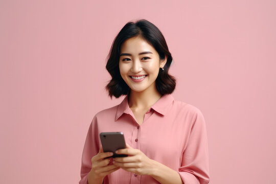 Youthful Asian Woman in Pink Shirt Holds Smartphone with Vibrant Energy - Modern Lifestyle and Connectivity Concept