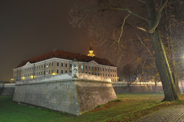 Zamek w Rzeszowie oświetlony nocą we mgle - obrazy, fototapety, plakaty
