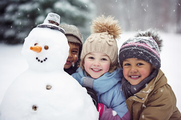 Fototapeta premium Group of diverse happy multi-ethnic children making snowman and having fun outdoors in snow, winter time