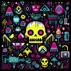 cyberpunk Halloween seamless pattern with ghost, code, chip, tech, electronic, motherboard pattern
