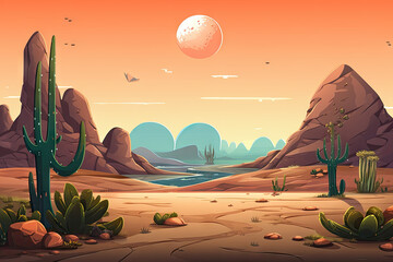 Desert landscape with mountains and cactuses. illustration.