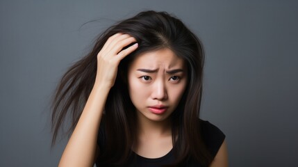 Fototapeta premium Asian woman very sad and upset looking at damaged hair, hair loss, hair thinning problem, vitamin deficiency, baldness, postpartum, biotin, zinc, menstrual or endocrine disorders, hormonal imbalance.