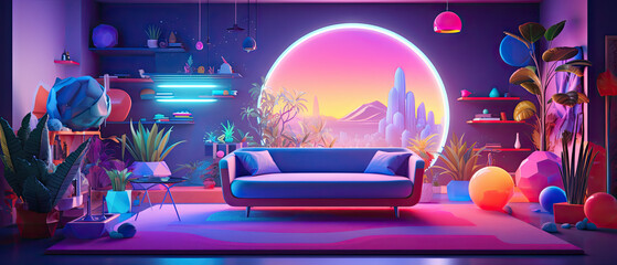 Interior of modern living room with purple walls, blue sofa and colorful plants, 3d rendering