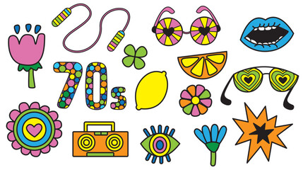 Retro 70s hippie stickers, psychedelic groovy elements. Isolated cartoon funky, vintage hippy style element vector illustration set. Decorative disco, lips, glasses, record player, recorder, flowers
