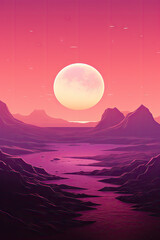 Fantasy alien planet. Mountain and sunset. illustration