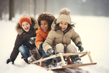 Group of diverse happy multi-ethnic children riding sledge and having fun outdoors in snow, winter time