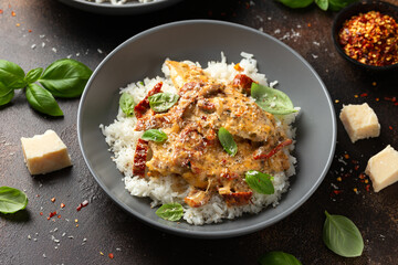 Marry Me Chicken. Creamy Garlic Sun Dried Tomato Chicken with rice. Healthy food