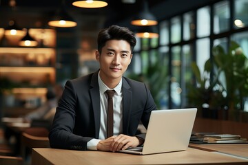 Successful male businessman of Asian appearance in a business suit works at a laptop