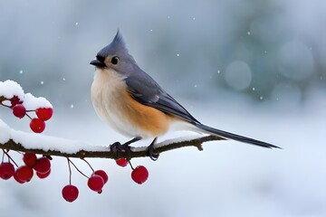 Tufted Titmouse (Baeolophus bicolor) adult, perched on privet with berries in snowfall (U.) S. A. winter - obrazy, fototapety, plakaty