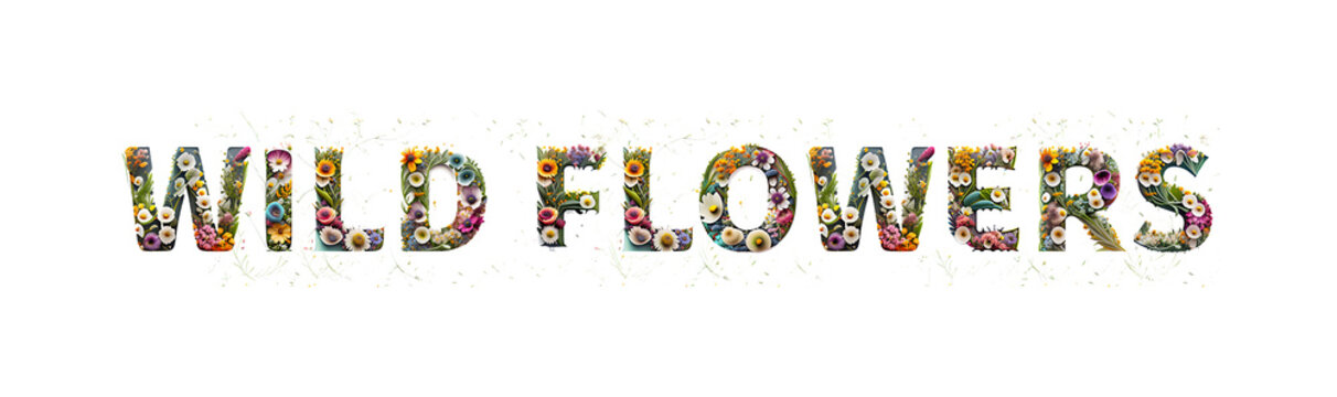 Wild Flowers text illustration on white background. Banner Header image.