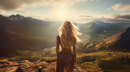Young woman with blonde hair standing on a mountaintop, overlooking a breathtaking valley below