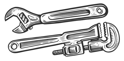 Construction, plumbing spanner vintage illustration. Wrench tool in sketch style
