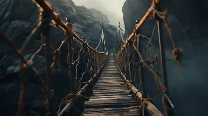 Fotobehang Canada suspension bridge road between high cliffs, with generative ai