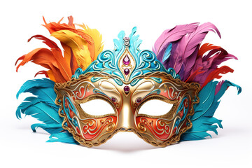 Ornate and elegant Venetian mask with intricate designs, vibrant colors, and delicate feathers isolated on a white background