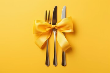 Cutlery set ribbon. Meal knife bow. Generate Ai - obrazy, fototapety, plakaty