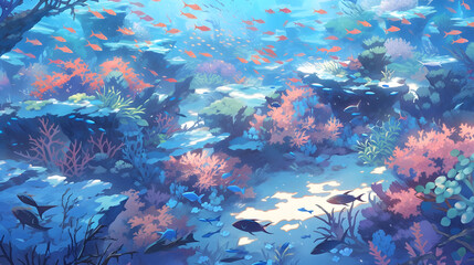 Fototapeta na wymiar a painting of an underwater scene with fishes, whale, seahorse or ocean art anime wallpaper, animate art
