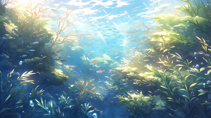 Fototapeta na wymiar a painting of an underwater scene with fishes, whale, seahorse or ocean art anime wallpaper, animate art