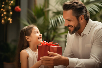 Obraz na płótnie Canvas Young daughter giving father a gift on Father's Day, heartwarming moment of love and appreciation between parent and child
