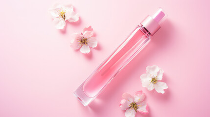 Top view on Lipgloss glass bottle isolated on flat pastel pink background with copy space. 
