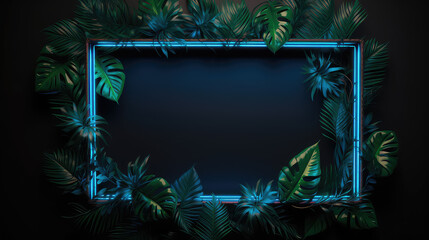 Abstract neon blue light blank frame with green tropical leaves, dark background, copy space for text, banner template, 3d render illustration.