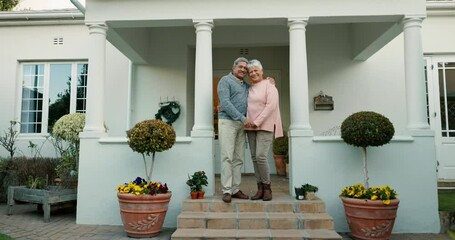 New home, outdoor senior couple and happy for house, real estate or retirement property sale, purchase or investment. Relocation portrait, homeowner and elderly people holding hands on front porch