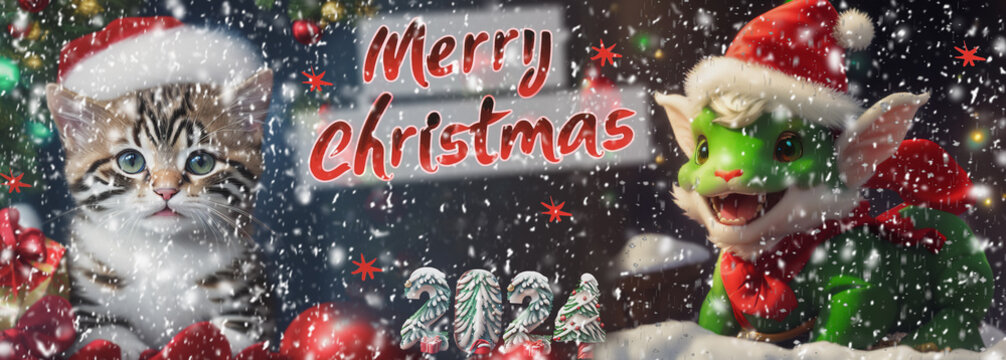 A cute kitten in a Santa hat on the background of a Christmas tree with garlands. Christmas background. Copy space. Generated by artificial intelligence