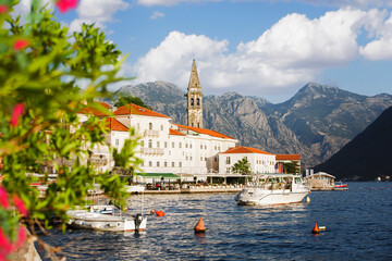 Perast town by bay. Sunset view of the historic town of Perast at Bay of Kotor, Montenegro