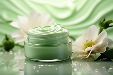 Moisturizing face cream. Green floral beauty product background