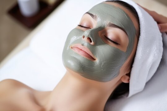 Spa Woman applying facial clay mask