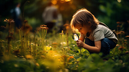Child with a magnifying glass. Curious exploration. A kid in a backyard discovering the wonders of nature up close