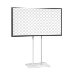 Digital LCD display stand realistic vector mockup. Large video banner with transparent screen on metal base mock-up - 651972302