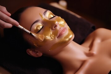 Hands applying gold facial mask