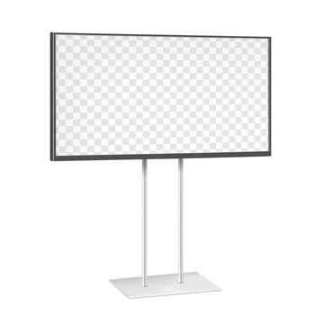 Digital LCD display stand realistic vector mockup. Large video banner with transparent screen on metal base mock-up