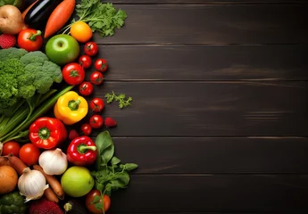 Foto op Plexiglas a lot of vegetables and fruits on the table, fruits and vegetables on a wooden background © Graphsquad