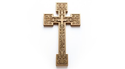Gold coloured metal russian three bar orthodox cross isolated on white background