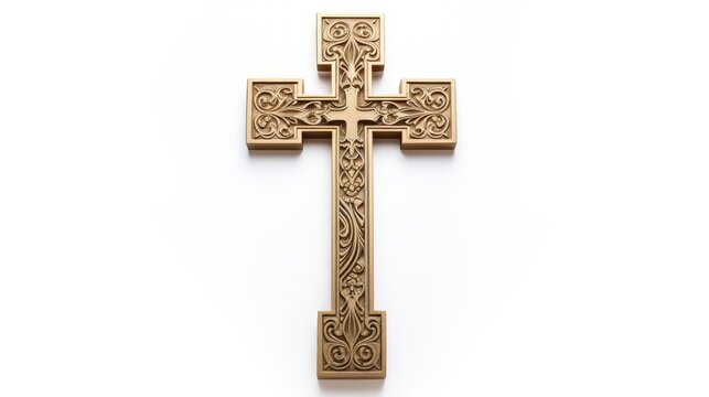 Gold coloured metal russian three bar orthodox cross isolated on white background