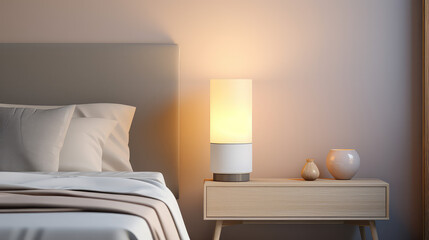 Cozy bedside table lamp near large bed in bedroom, cute room interior in light pastel colors. 