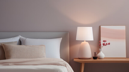 Cozy bedside table lamp near large bed in bedroom, cute room interior in light pastel colors.  - obrazy, fototapety, plakaty