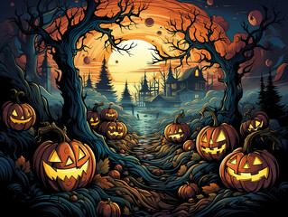 Several pumpkins at night against the backdrop of a creepy house in the forest