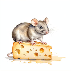 Mouse standing holding cheese on white background