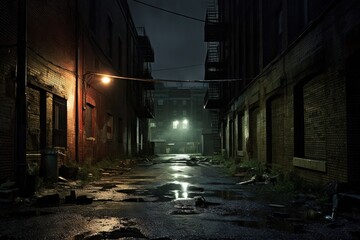 Dark downtown back alley at night after raining. Urban back street with atmospheric lighting  and soggy street. Inner city dark alleyway. Urban decay and weathered architecture. Generative AI
