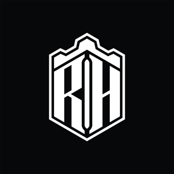 recommend clip art: RH Letter Logo monogram hexagon shield shape crown castle with outline style design