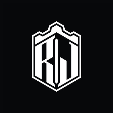 recommend clip art: RJ Letter Logo monogram hexagon shield shape crown castle with outline style design