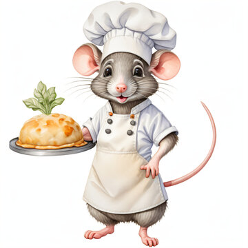 Watercolor painting of a mouse wearing a chef's uniform holding