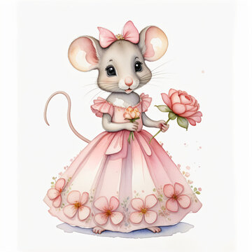 Watercolor painting of a mouse wearing a princess dress, wearing