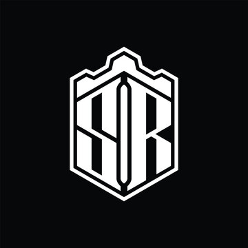 recommend clip art: SR Letter Logo monogram hexagon shield shape crown castle with outline style design